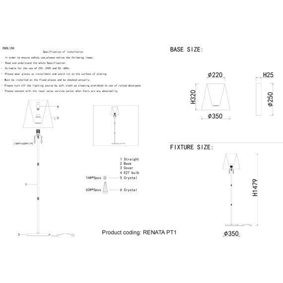 Торшер Crystal Lux RENATA PT1 GOLD