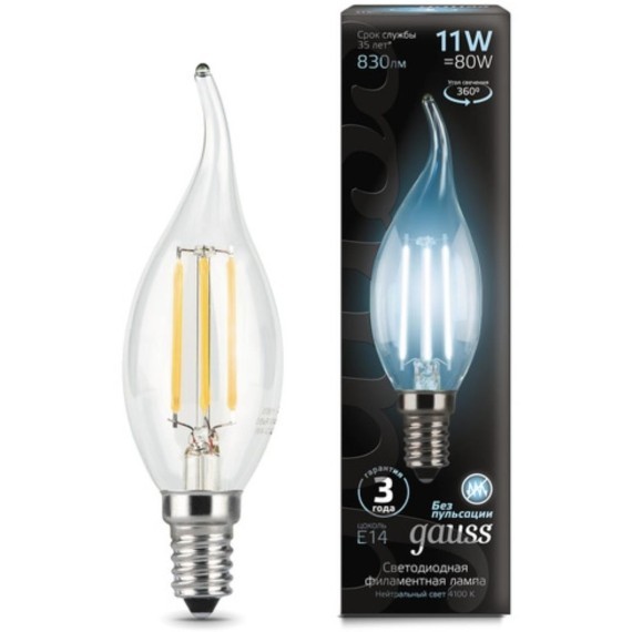 104801211 Лампа Gauss Filament Свеча на ветру 11W 830lm 4100К Е14 LED 1/10/50
