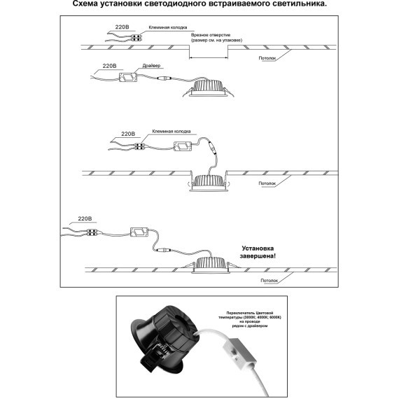 Светильник встраиваемый с перекл. цвет. температуры IP44 LED 40W CRI90 3000К\4000К\6000К CLARA 359558