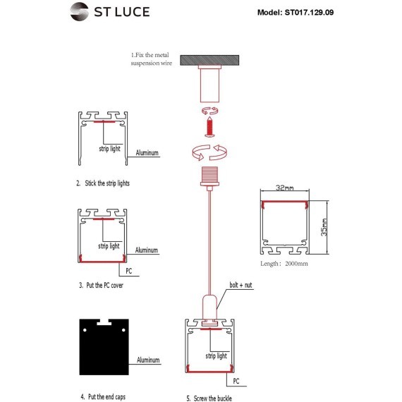 ST017.129.09 Накладной алюминиевый анодированный профиль с рассеивателем (к-т: 2 загл) отдельно комплект подвесов ST017.029.09