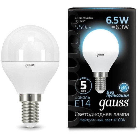 105101207 Лампа Gauss LED Шар E14 6.5W 550lm 4100K 1/10/50