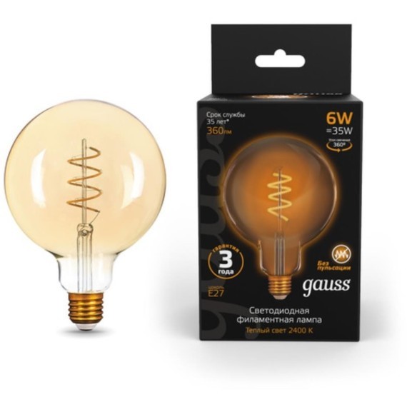 158802008 Лампа Gauss Filament G125 6W 360lm 2400К Е27 golden flexible LED 1/20