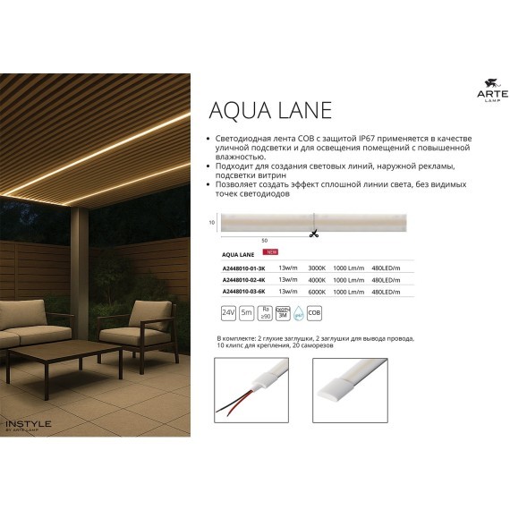 Светодиодная лента 24В 13Вт/м 1000Лм/м 4000К CRI 90+ 10мм COB 5м IP67 Arte Lamp AQUA LANE A2448010-02-4K