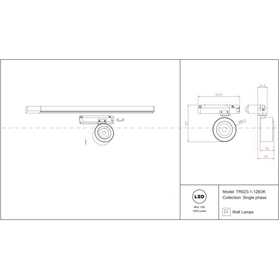 Трековый светильник Technical TR023-1-12B3K