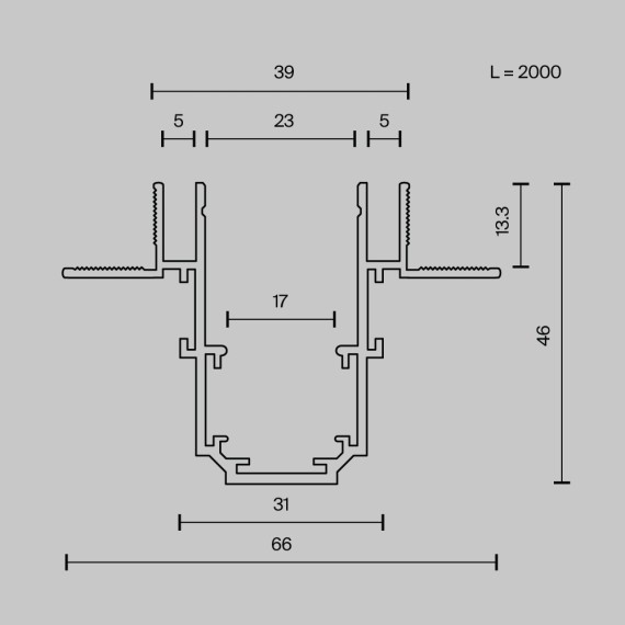 Шинопровод 2м с каналом для LED ленты встраиваемый в ГКЛ 12,5 мм TRX034LS-222B