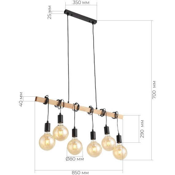 SL1142.403.06 Светильник подвесной Черный, Светлое дерево E27 6*60W BAGETTI