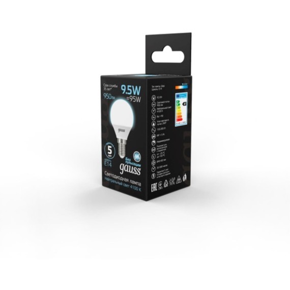 105101210 Лампа Gauss LED Шар E14 9.5W 950lm 4100K 1/10/50