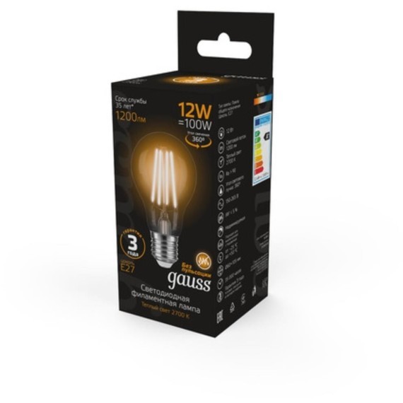 102902112 Лампа Gauss Filament А60 12W 1200lm 2700К Е27 LED 1/10/40