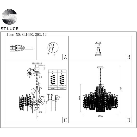 SL1650.303.12 Люстра подвесная ST-Luce Латунь/Прозрачный, Золотой E14 12*60W RAVELLO