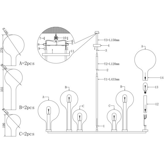 Люстра на штангах с черным основанием и прозрачными плафонами, лампы E14 6шт, Maytoni Status MOD333PL-06B1