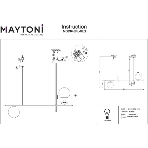 Подвесной светильник без регулировки высоты с 2 лампами Е14 Maytoni Nostalgia MOD048PL-02G