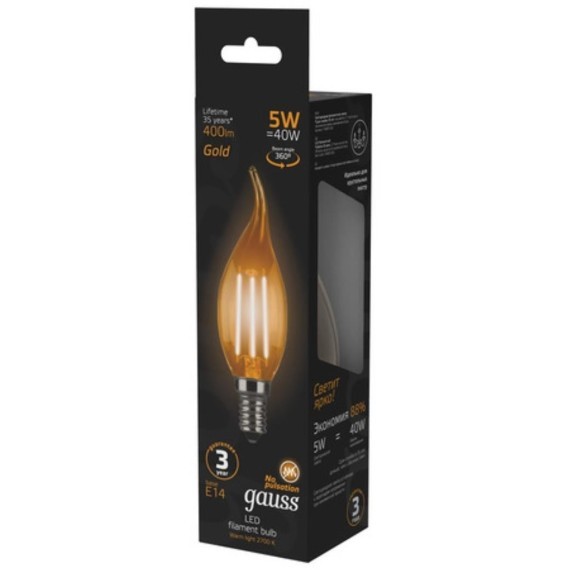 104801005 Лампа Gauss LED Filament Свеча на ветру E14 5W 400lm 2700K Golden 1/10/50