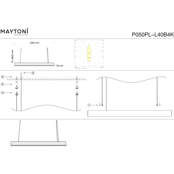 Подвесной светильник линейный вытянутый Technical P050PL-L40B4K